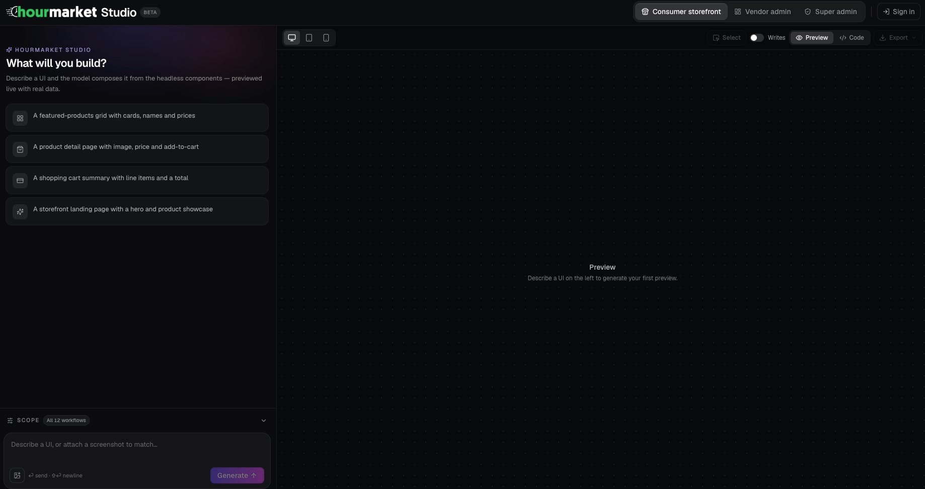 Hourmarket Studio — describe a UI and the model composes it from the headless components, previewed live